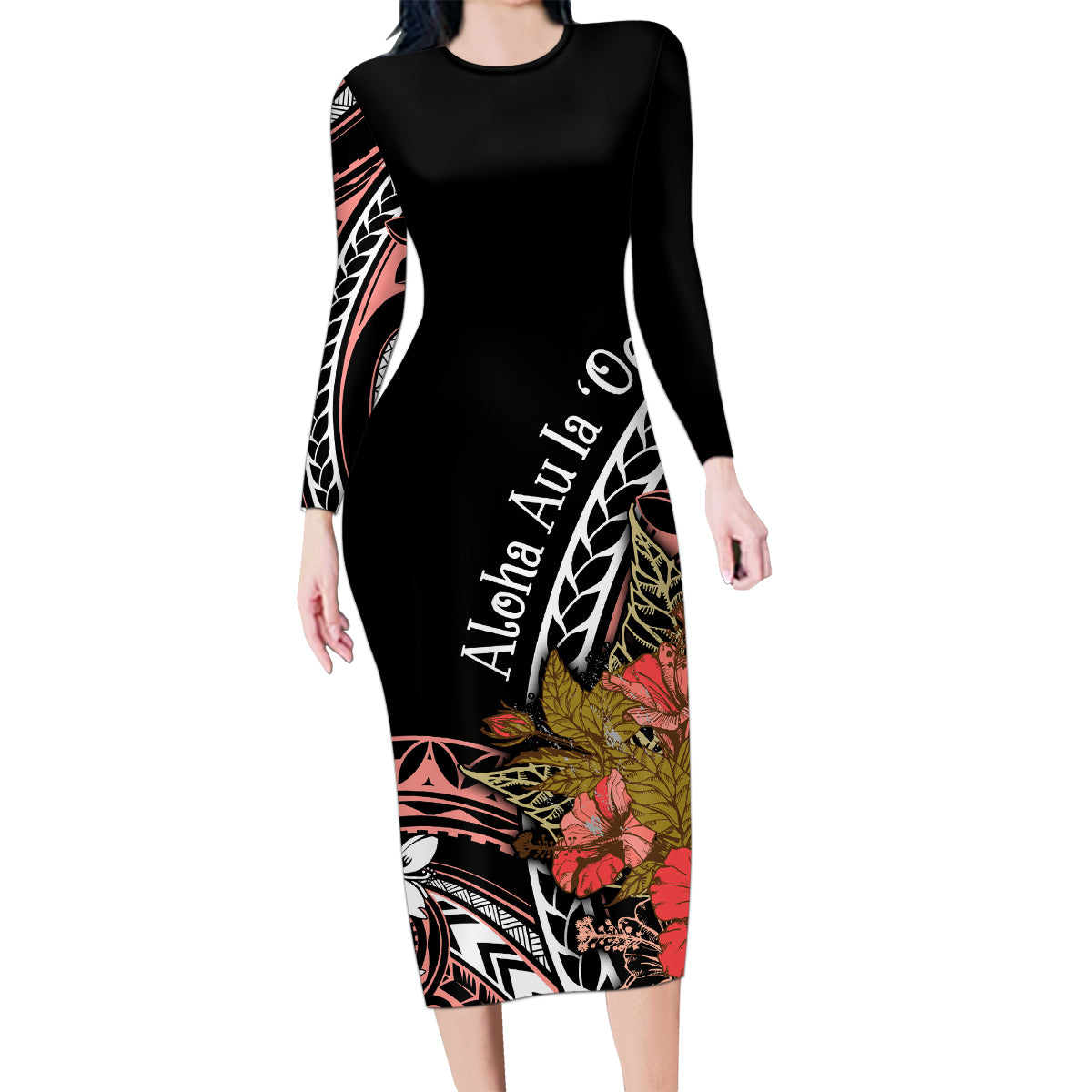 Hawaii Valentine Family Matching Long Sleeve Bodycon Dress and Hawaiian Shirt Plumeria Aloha Wau Ia Oe LT7 Mom's Dress Pink - Polynesian Pride