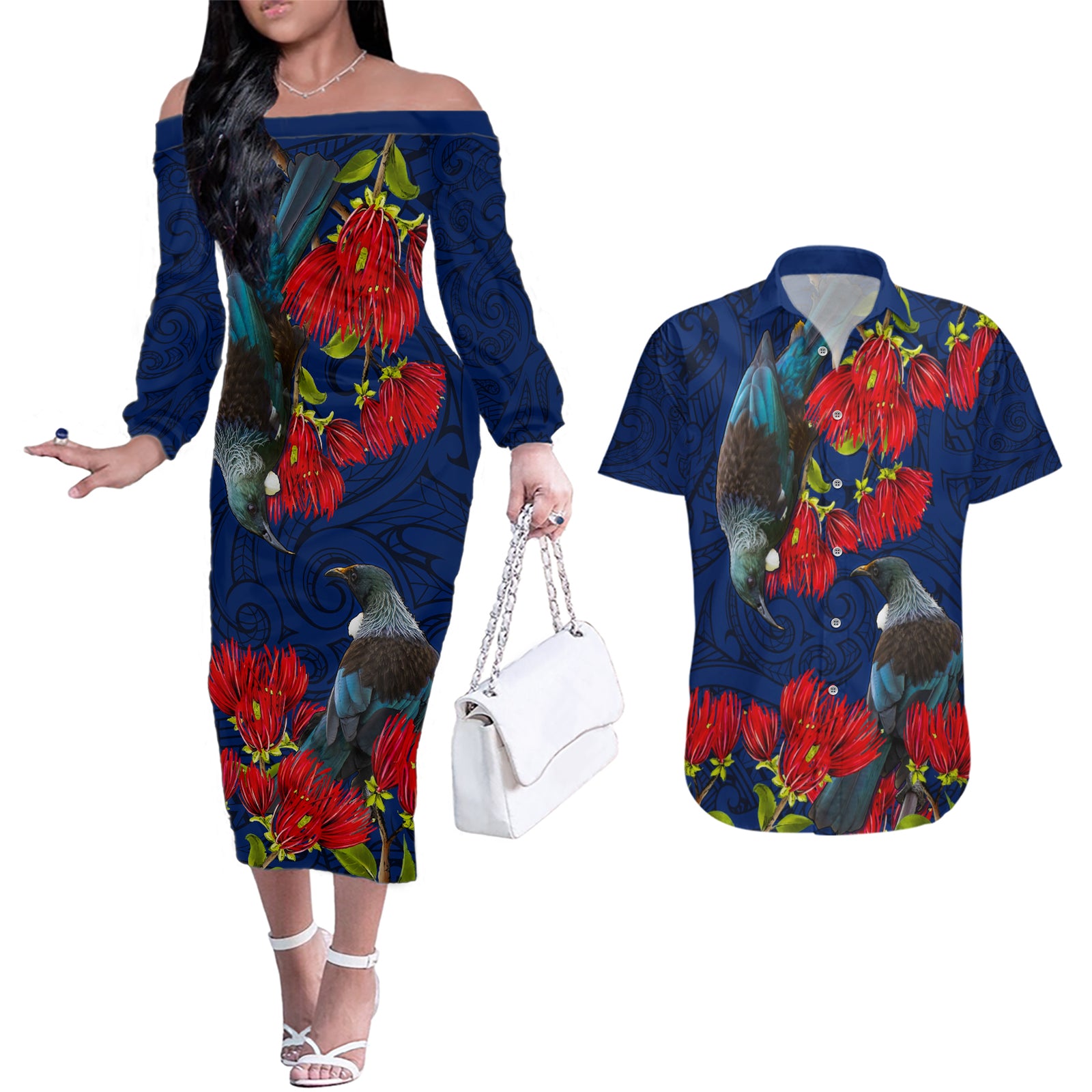 New Zealand Couples Matching Off The Shoulder Long Sleeve Dress and Hawaiian Shirt Tui Couple with Pohutukawa LT7 Blue - Polynesian Pride