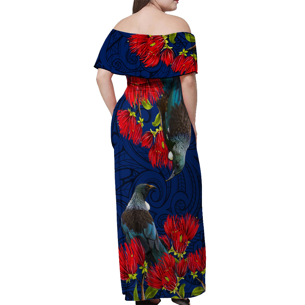 New Zealand Off Shoulder Maxi Dress Tui Couple with Pohutukawa LT7 - Polynesian Pride