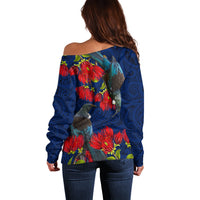 New Zealand Off Shoulder Sweater Tui Couple with Pohutukawa LT7 - Polynesian Pride