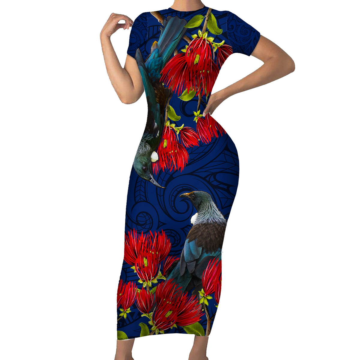 New Zealand Short Sleeve Bodycon Dress Tui Couple with Pohutukawa LT7 Long Dress Blue - Polynesian Pride