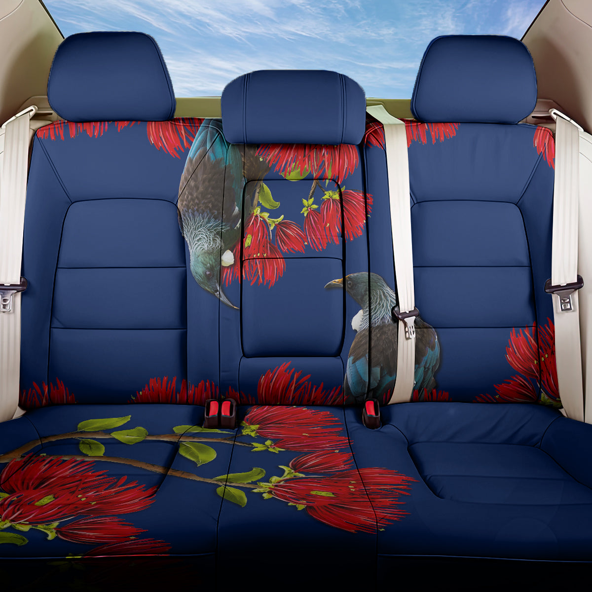 New Zealand Pohutukawa with Tui Birds Back Car Seat Cover Version 2 LT7 One Size Blue - Polynesian Pride