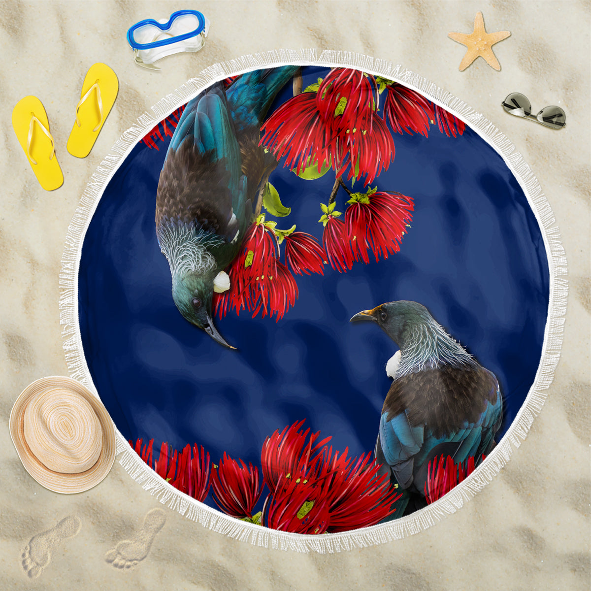 New Zealand Pohutukawa with Tui Birds Beach Blanket Version 2 LT7 One Size 150cm Blue - Polynesian Pride