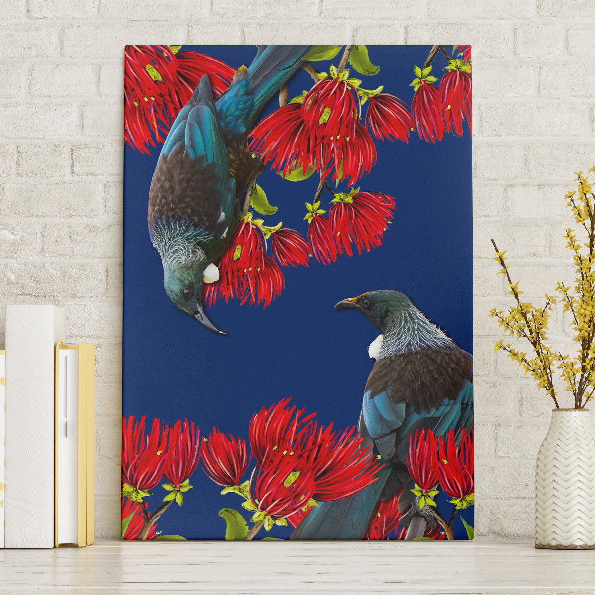 New Zealand Pohutukawa with Tui Birds Canvas Wall Art Version 2 LT7 Blue - Polynesian Pride