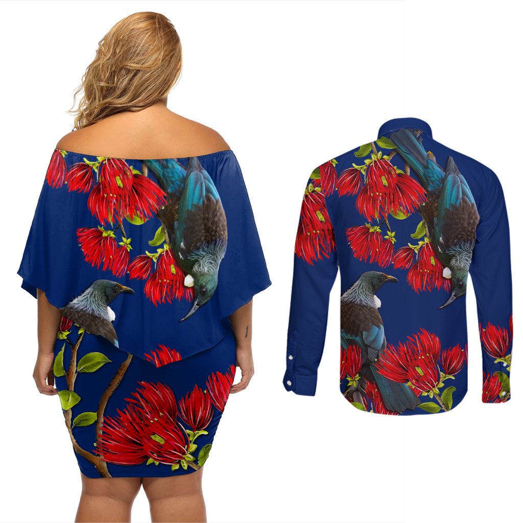 New Zealand Pohutukawa with Tui Birds Couples Matching Off Shoulder Short Dress and Long Sleeve Button Shirt Version 2 LT7 - Polynesian Pride