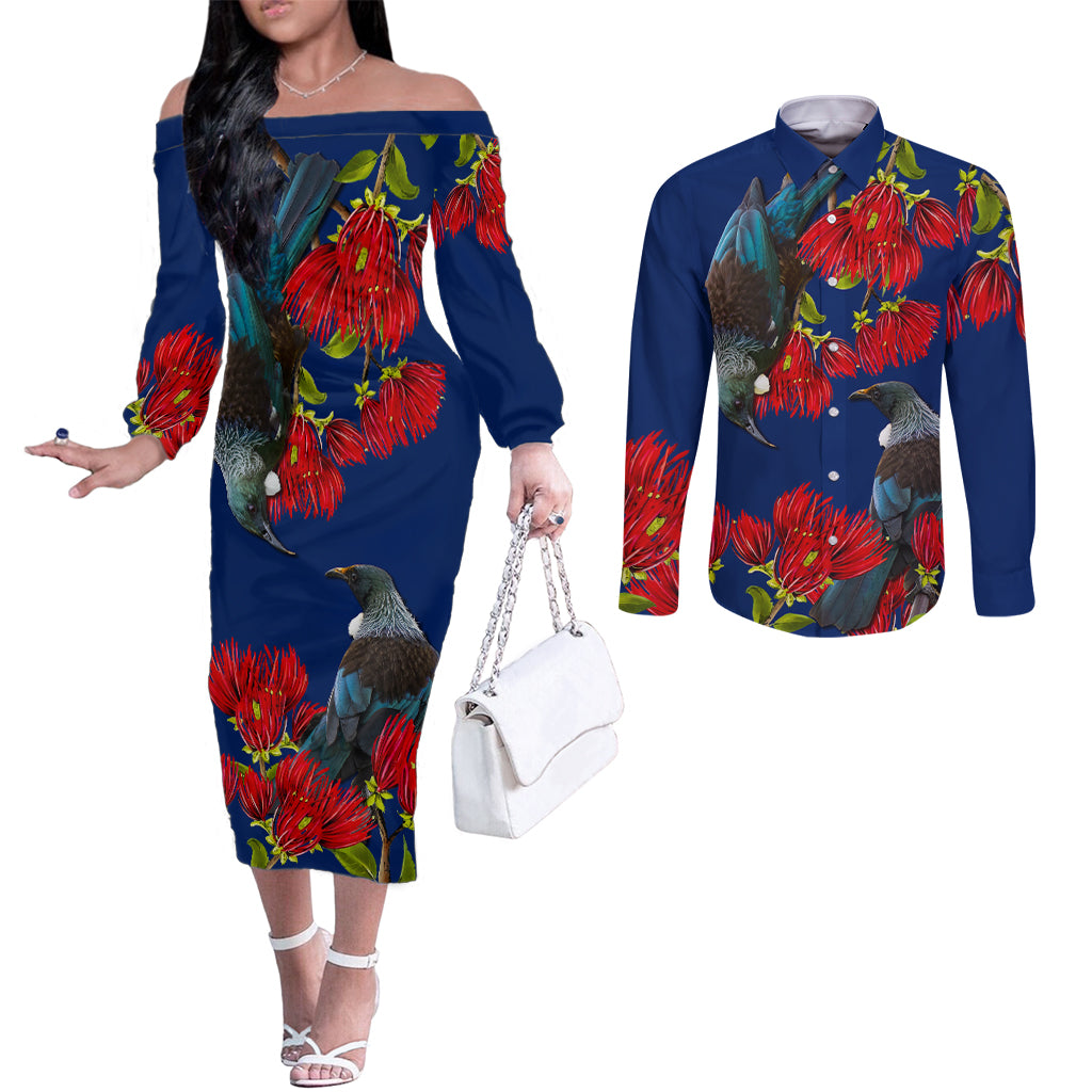 New Zealand Pohutukawa with Tui Birds Couples Matching Off The Shoulder Long Sleeve Dress and Long Sleeve Button Shirt Version 2 LT7 Blue - Polynesian Pride