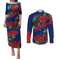 New Zealand Pohutukawa with Tui Birds Couples Matching Puletasi and Long Sleeve Button Shirt Version 2 LT7 Blue - Polynesian Pride