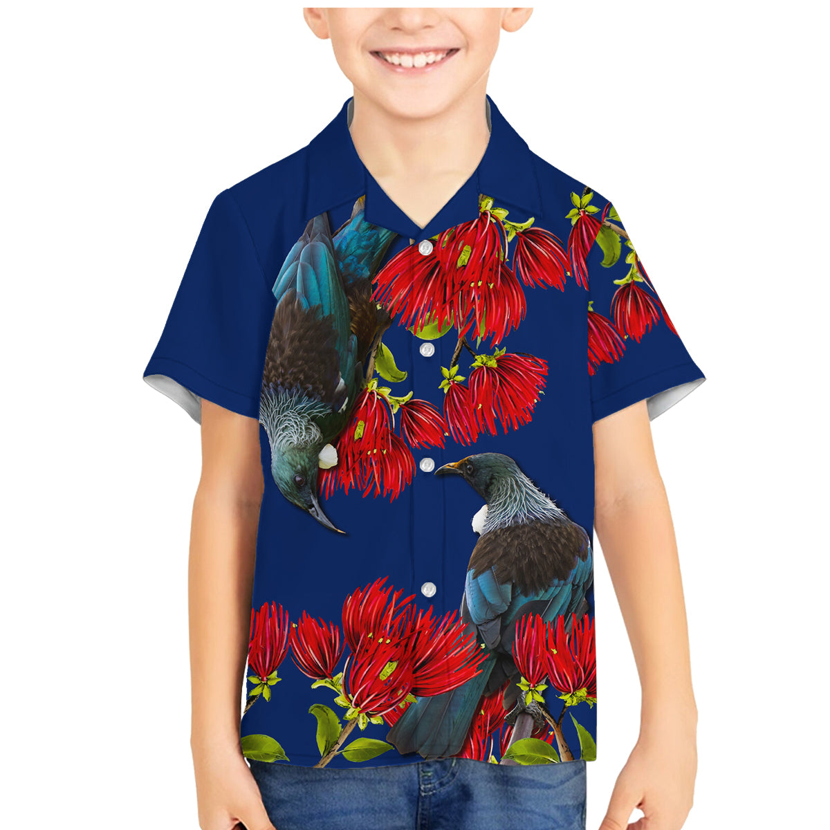 New Zealand Pohutukawa with Tui Birds Family Matching Mermaid Dress and Hawaiian Shirt Version 2 LT7 Son's Shirt Blue - Polynesian Pride