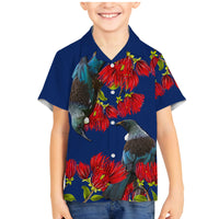 New Zealand Pohutukawa with Tui Birds Family Matching Mermaid Dress and Hawaiian Shirt Version 2 LT7 Son's Shirt Blue - Polynesian Pride