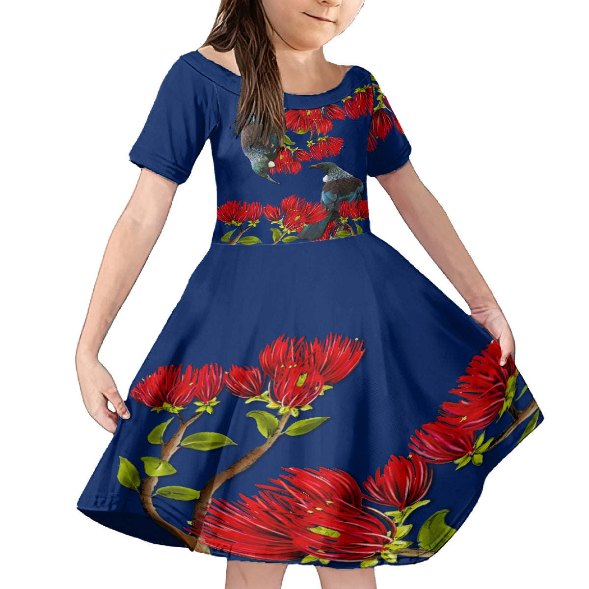 New Zealand Pohutukawa with Tui Birds Family Matching Off Shoulder Long Sleeve Dress and Hawaiian Shirt Version 2 LT7 Daughter's Dress Blue - Polynesian Pride