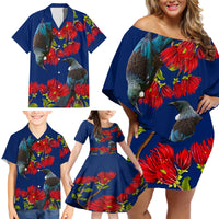 New Zealand Pohutukawa with Tui Birds Family Matching Off Shoulder Short Dress and Hawaiian Shirt Version 2 LT7 - Polynesian Pride