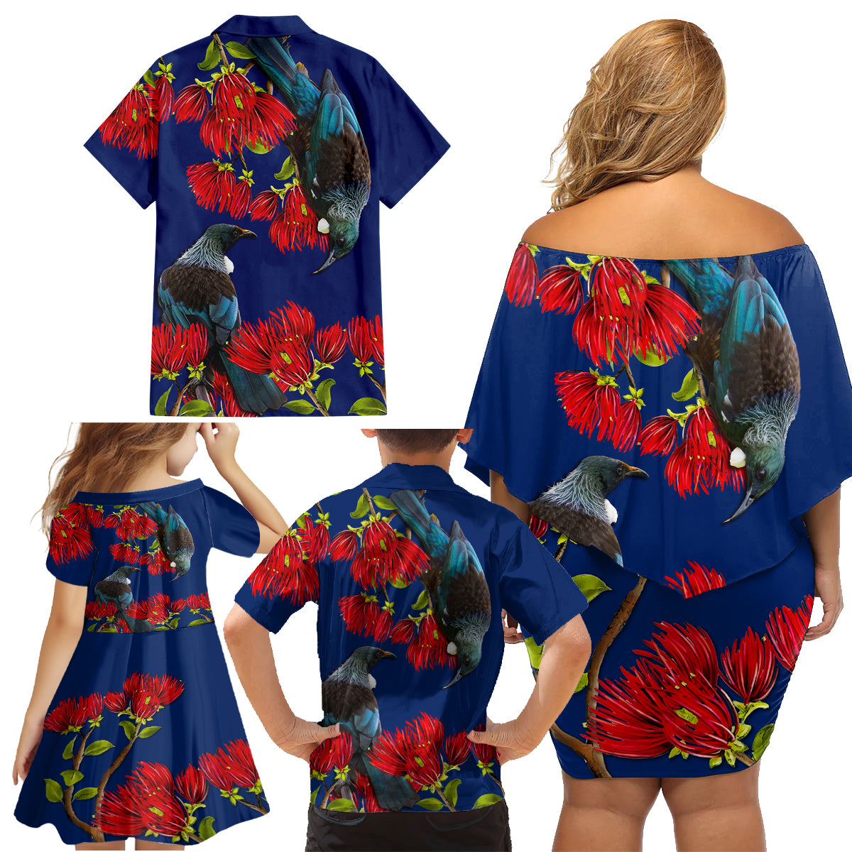 New Zealand Pohutukawa with Tui Birds Family Matching Off Shoulder Short Dress and Hawaiian Shirt Version 2 LT7 - Polynesian Pride