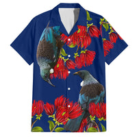 New Zealand Pohutukawa with Tui Birds Family Matching Off Shoulder Short Dress and Hawaiian Shirt Version 2 LT7 Dad's Shirt - Short Sleeve Blue - Polynesian Pride