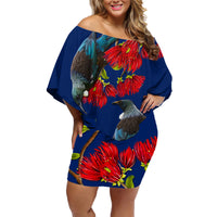 New Zealand Pohutukawa with Tui Birds Family Matching Off Shoulder Short Dress and Hawaiian Shirt Version 2 LT7 Mom's Dress Blue - Polynesian Pride