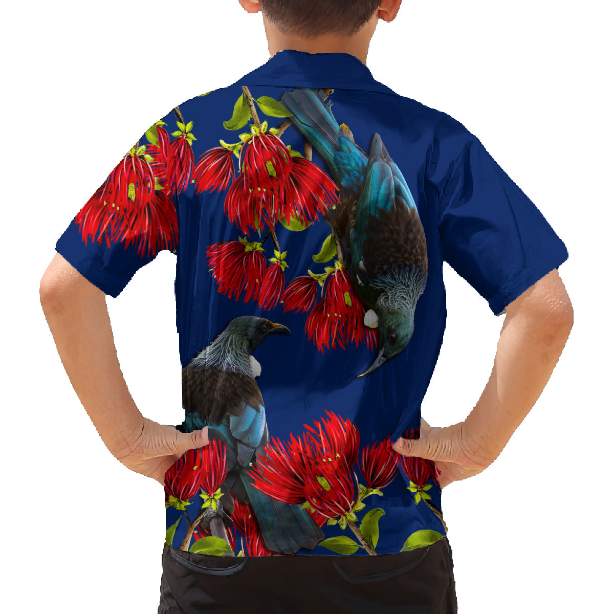 New Zealand Pohutukawa with Tui Birds Family Matching Puletasi and Hawaiian Shirt Version 2 LT7 - Polynesian Pride