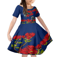 New Zealand Pohutukawa with Tui Birds Family Matching Short Sleeve Bodycon Dress and Hawaiian Shirt Version 2 LT7 Daughter's Dress Blue - Polynesian Pride