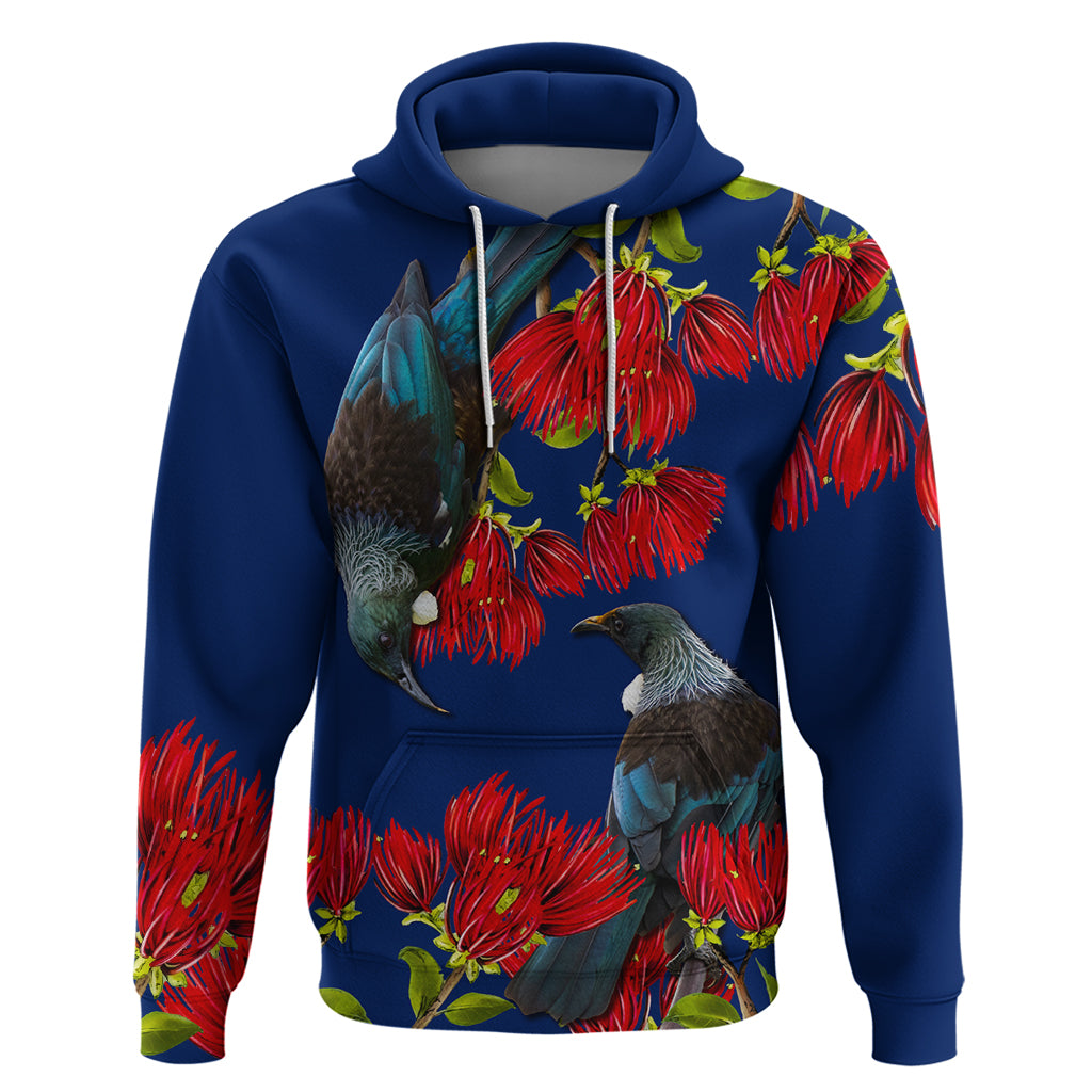 New Zealand Pohutukawa with Tui Birds Hoodie Version 2 LT7 Pullover Hoodie Blue - Polynesian Pride