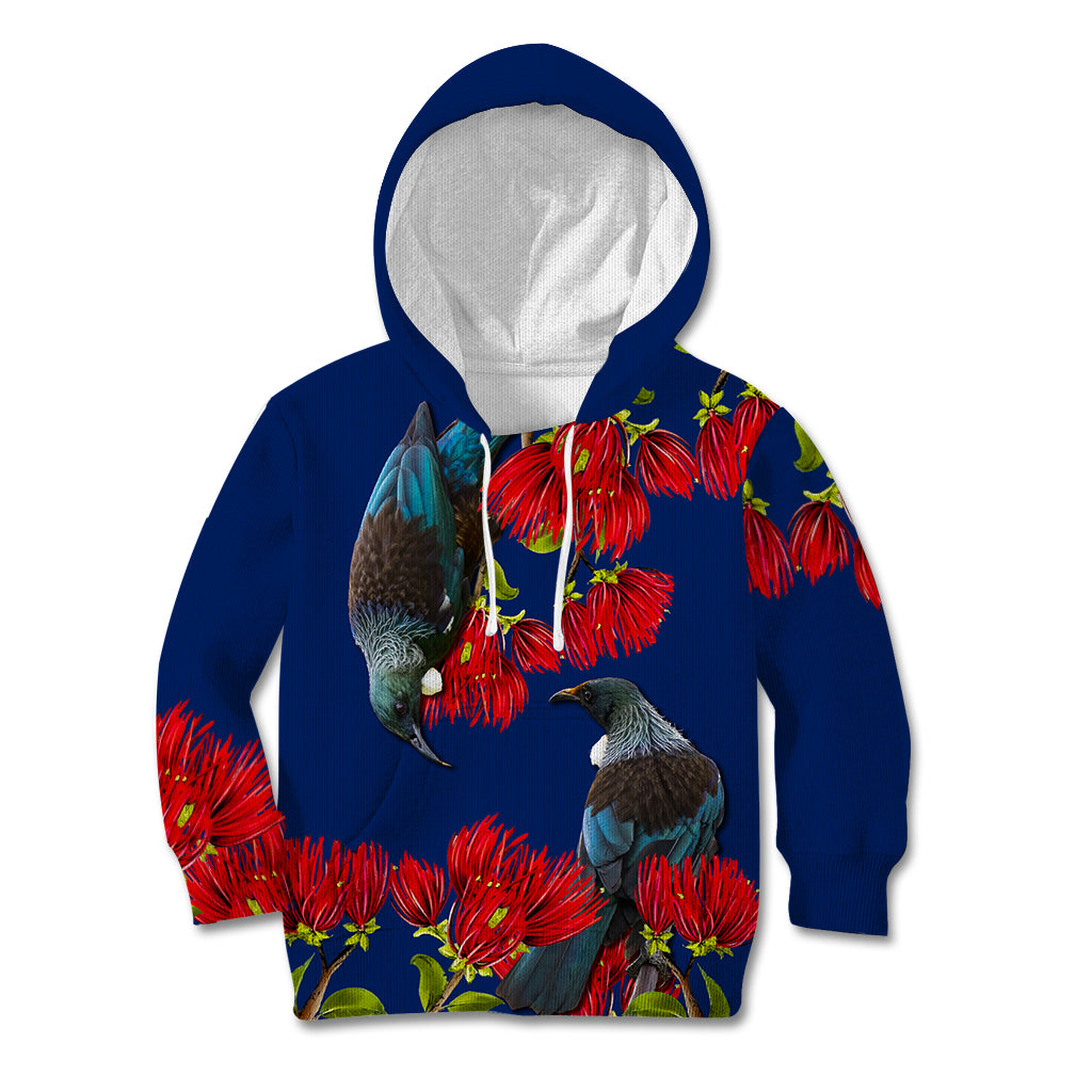 New Zealand Pohutukawa with Tui Birds Kid Hoodie Version 2 LT7 Hoodie Blue - Polynesian Pride