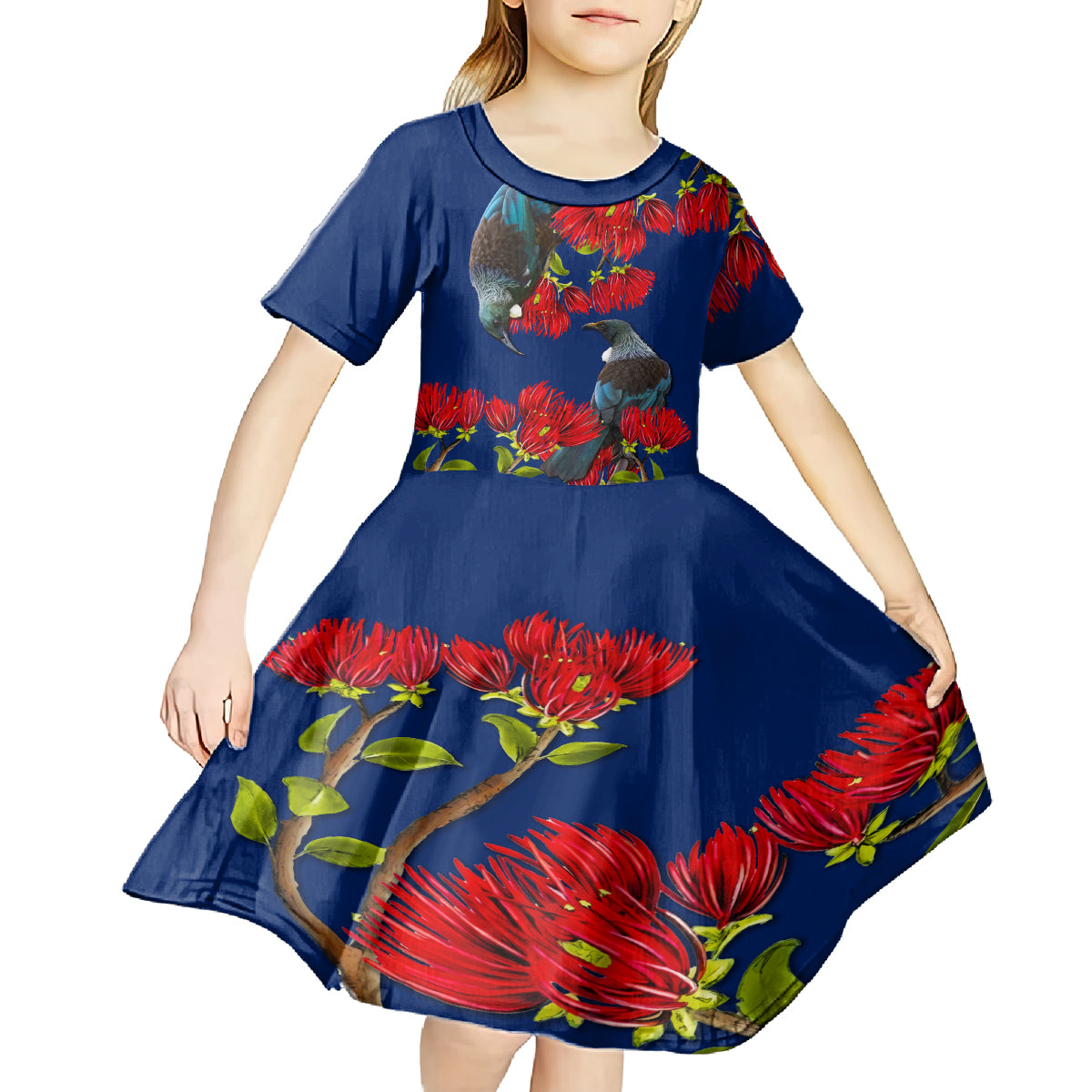 New Zealand Pohutukawa with Tui Birds Kid Short Sleeve Dress Version 2 LT7 - Polynesian Pride