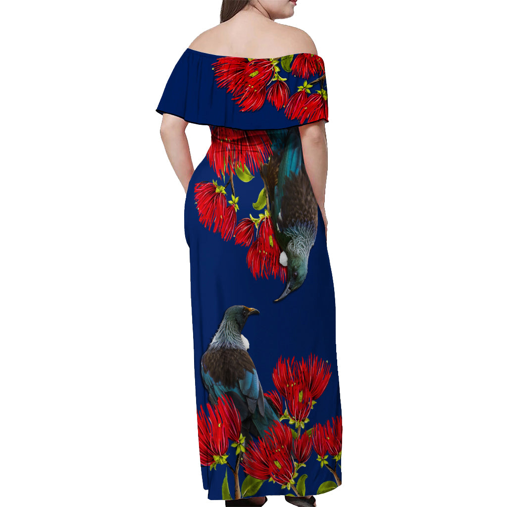 New Zealand Pohutukawa with Tui Birds Off Shoulder Maxi Dress Version 2 LT7 - Polynesian Pride