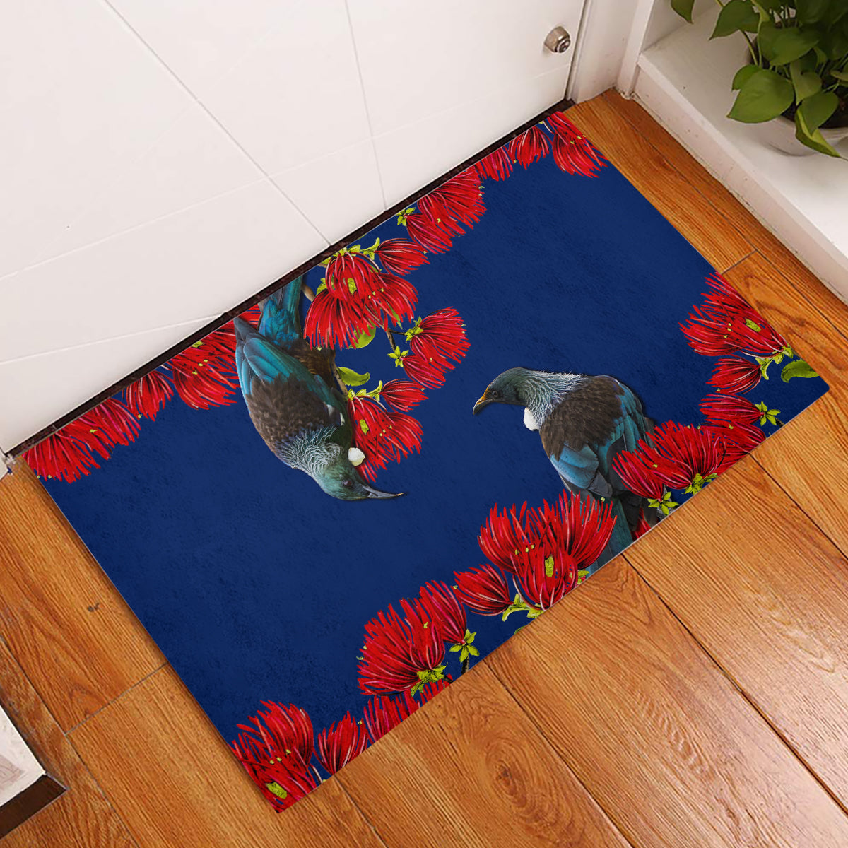 New Zealand Pohutukawa with Tui Birds Rubber Doormat Version 2 LT7 Blue - Polynesian Pride