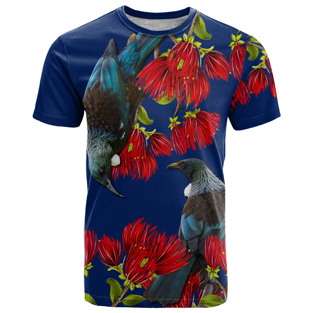 New Zealand Pohutukawa with Tui Birds T Shirt Version 2 LT7 Blue - Polynesian Pride
