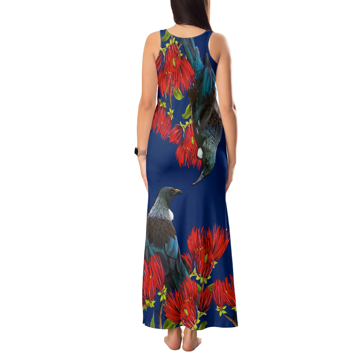 New Zealand Pohutukawa with Tui Birds Tank Maxi Dress Version 2 LT7 - Polynesian Pride
