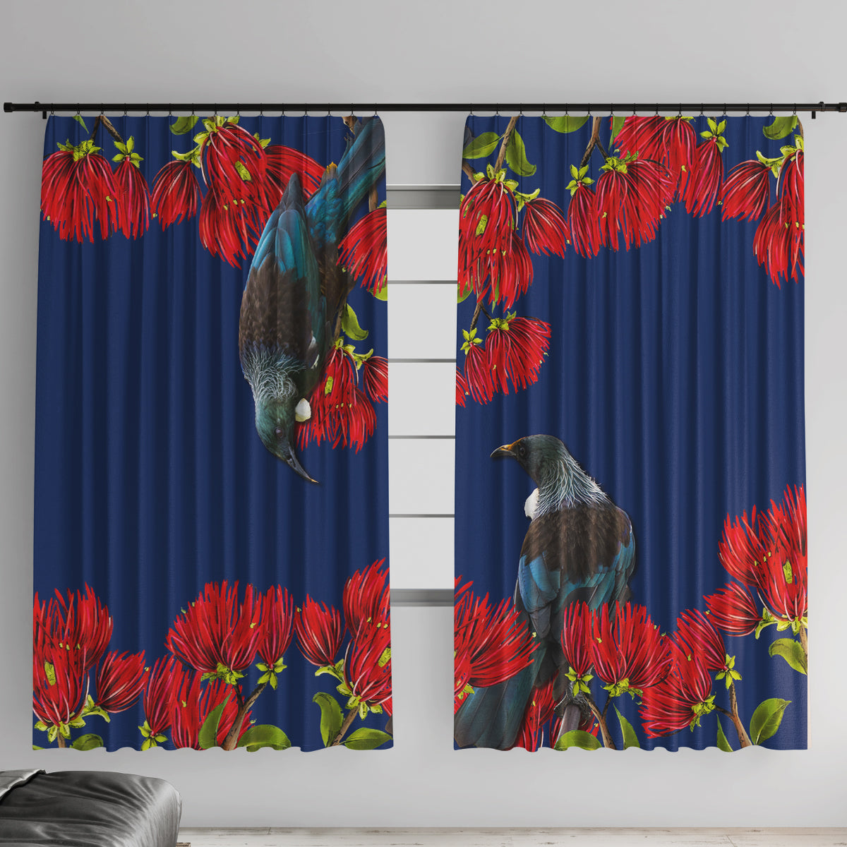 New Zealand Pohutukawa with Tui Birds Window Curtain Version 2 LT7 With Hooks Blue - Polynesian Pride