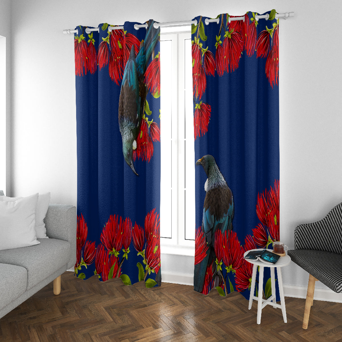 New Zealand Pohutukawa with Tui Birds Window Curtain Version 2 LT7 With Grommets Blue - Polynesian Pride