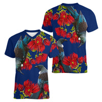 New Zealand Pohutukawa with Tui Birds Women V Neck T Shirt Version 2 LT7 - Polynesian Pride