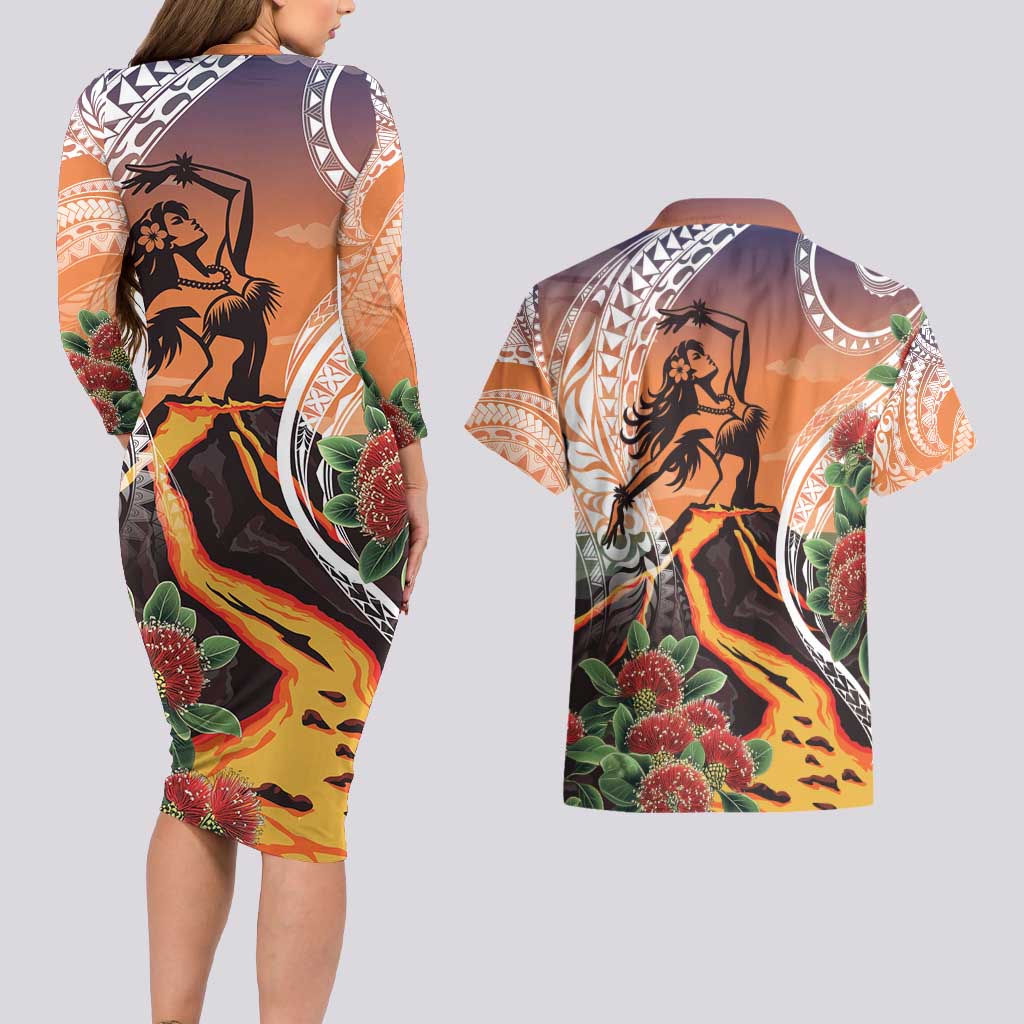 Hawaii Women's Day Tribal Couples Matching Long Sleeve Bodycon Dress and Hawaiian Shirt Pele Honua Mea