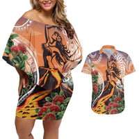 Hawaii Women's Day Tribal Couples Matching Off Shoulder Short Dress and Hawaiian Shirt Pele Honua Mea