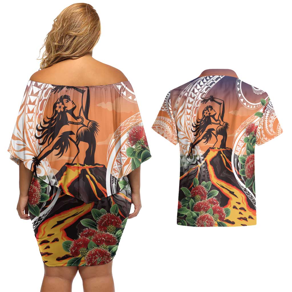 Hawaii Women's Day Tribal Couples Matching Off Shoulder Short Dress and Hawaiian Shirt Pele Honua Mea