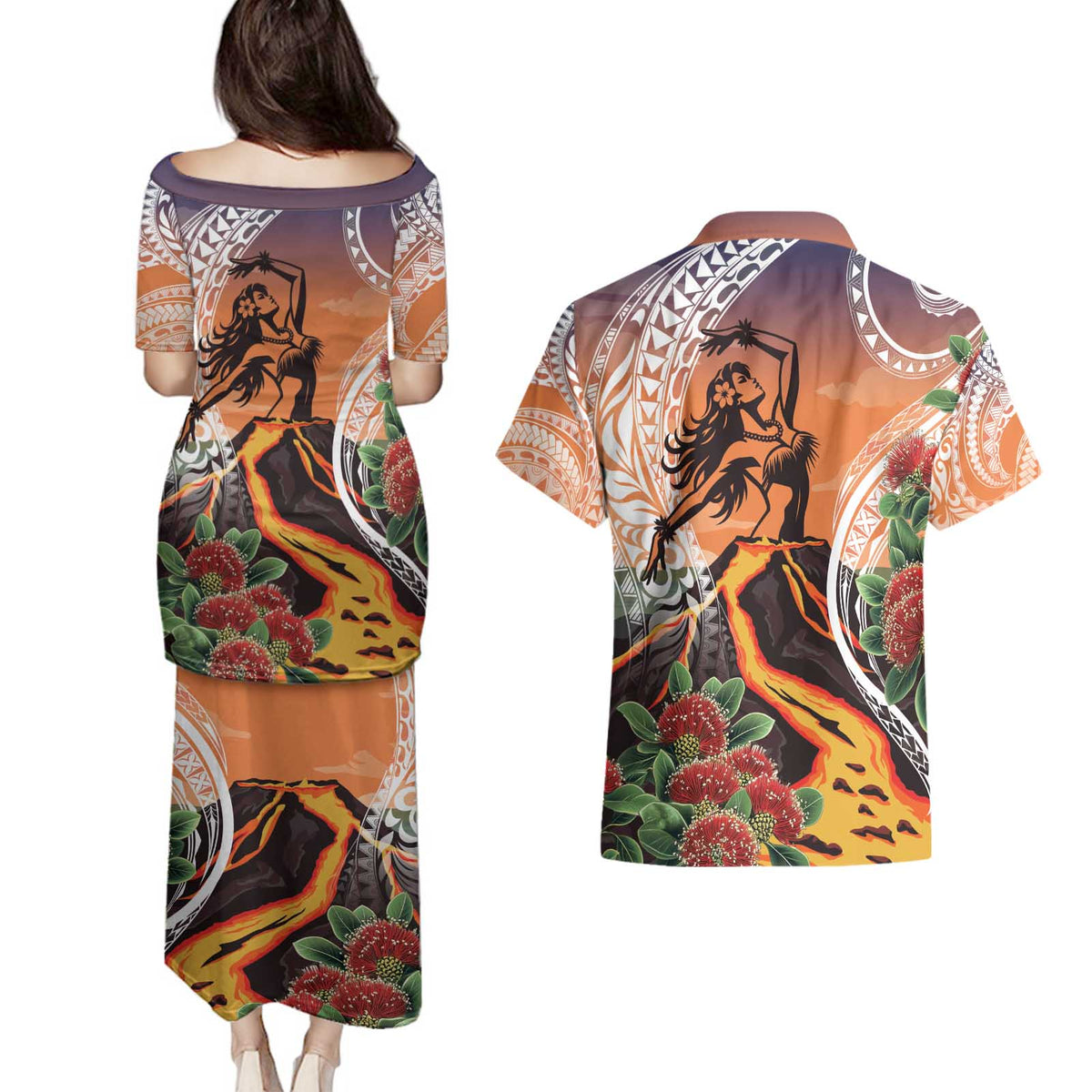 Hawaii Women's Day Tribal Couples Matching Puletasi and Hawaiian Shirt Pele Honua Mea