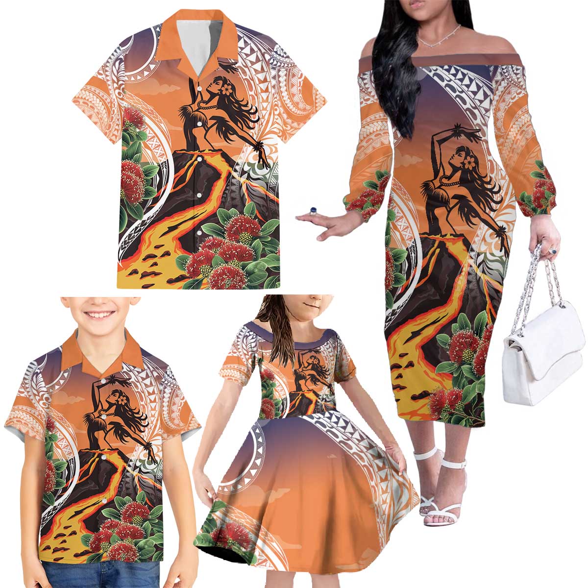 Hawaii Women's Day Tribal Family Matching Off The Shoulder Long Sleeve Dress and Hawaiian Shirt Pele Honua Mea