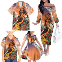 Hawaii Women's Day Tribal Family Matching Off The Shoulder Long Sleeve Dress and Hawaiian Shirt Pele Honua Mea