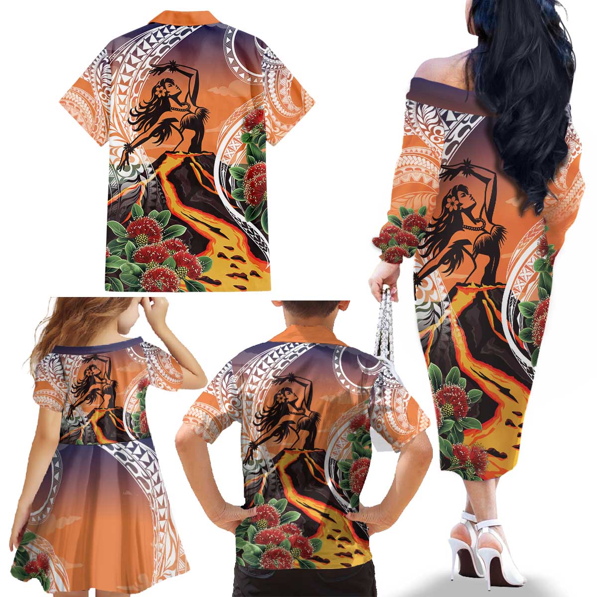 Hawaii Women's Day Tribal Family Matching Off The Shoulder Long Sleeve Dress and Hawaiian Shirt Pele Honua Mea