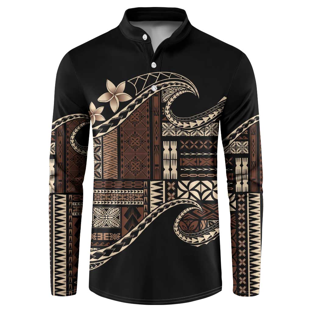 Samoa Siapo Mamanu Button Sweatshirt Waves Motifs LT7 Black - Polynesian Pride
