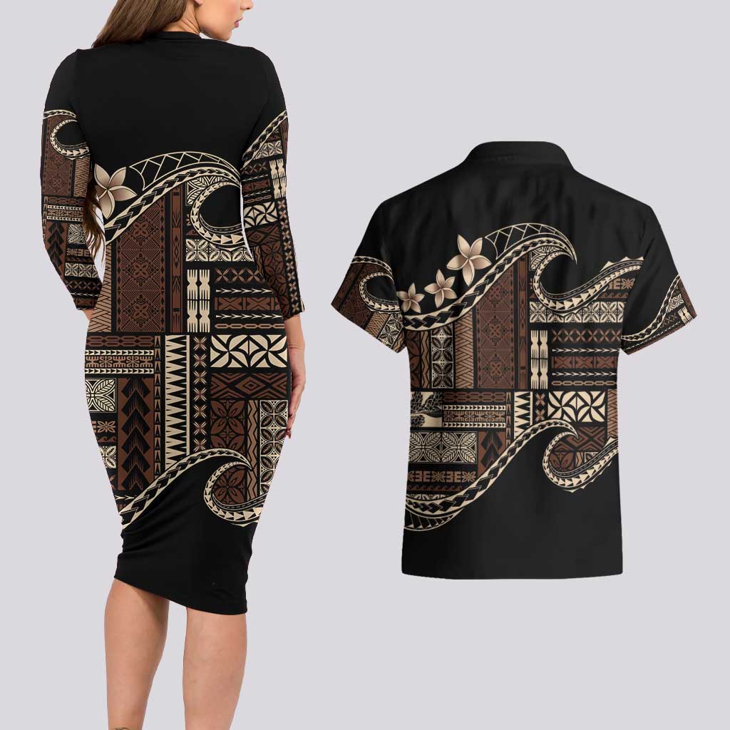 Samoa Siapo Mamanu Couples Matching Long Sleeve Bodycon Dress and Hawaiian Shirt Waves Motifs
