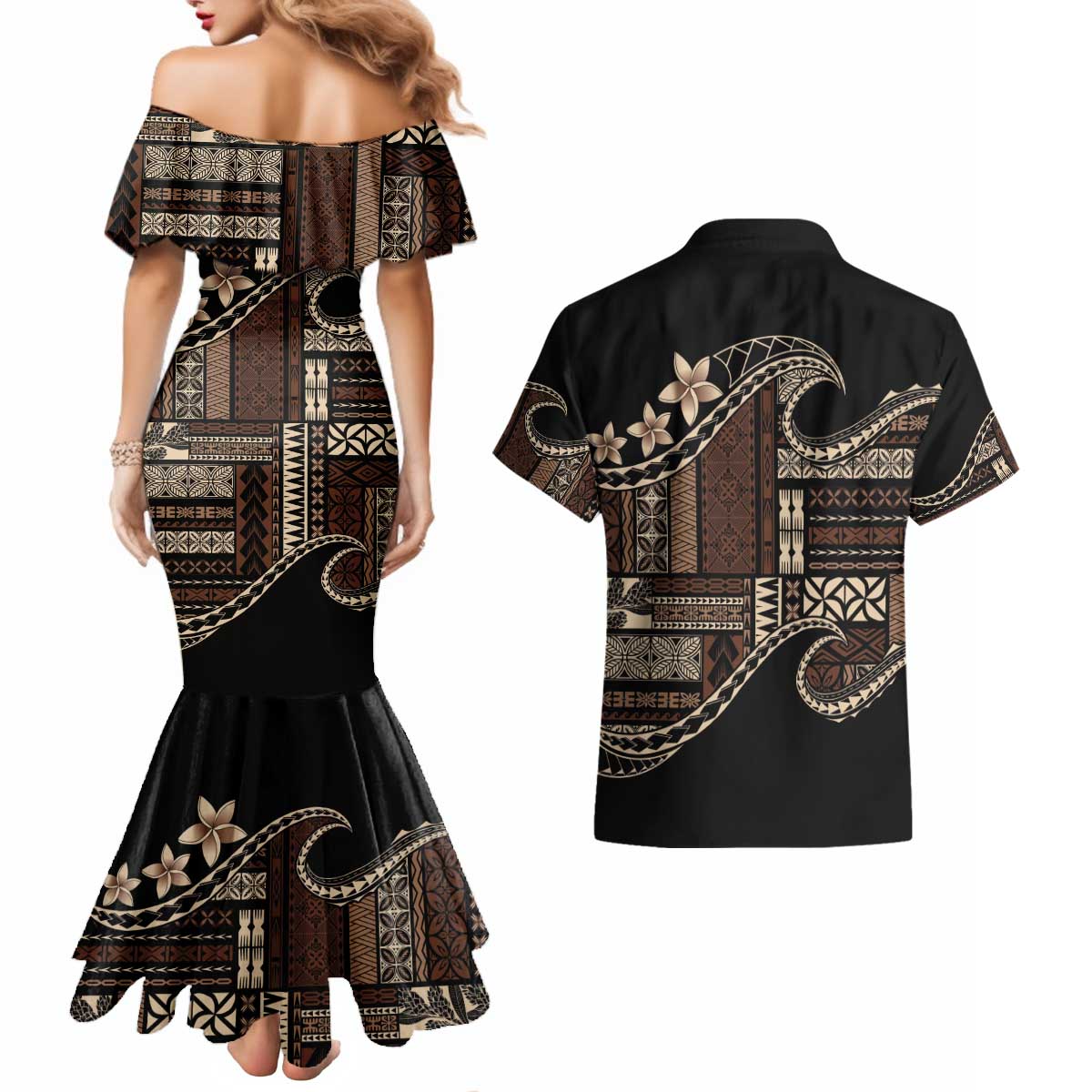Samoa Siapo Mamanu Couples Matching Mermaid Dress and Hawaiian Shirt Waves Motifs