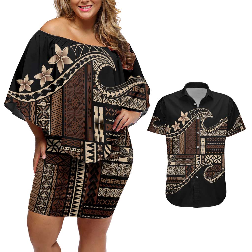 Samoa Siapo Mamanu Couples Matching Off Shoulder Short Dress and Hawaiian Shirt Waves Motifs LT7 Black - Polynesian Pride