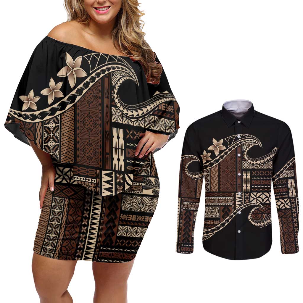Samoa Siapo Mamanu Couples Matching Off Shoulder Short Dress and Long Sleeve Button Shirt Waves Motifs LT7 Black - Polynesian Pride