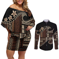 Samoa Siapo Mamanu Couples Matching Off Shoulder Short Dress and Long Sleeve Button Shirt Waves Motifs LT7 Black - Polynesian Pride