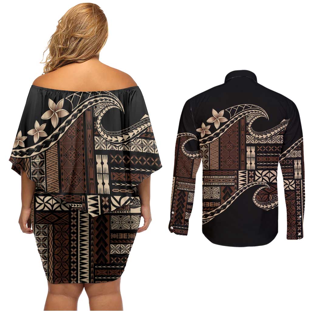 Samoa Siapo Mamanu Couples Matching Off Shoulder Short Dress and Long Sleeve Button Shirt Waves Motifs LT7 - Polynesian Pride