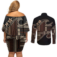 Samoa Siapo Mamanu Couples Matching Off Shoulder Short Dress and Long Sleeve Button Shirt Waves Motifs LT7 - Polynesian Pride