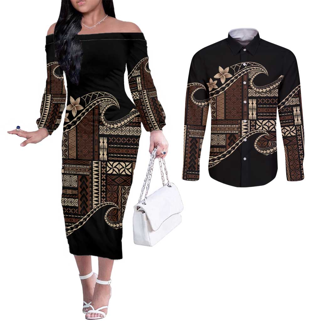 Samoa Siapo Mamanu Couples Matching Off The Shoulder Long Sleeve Dress and Long Sleeve Button Shirt Waves Motifs LT7 Black - Polynesian Pride