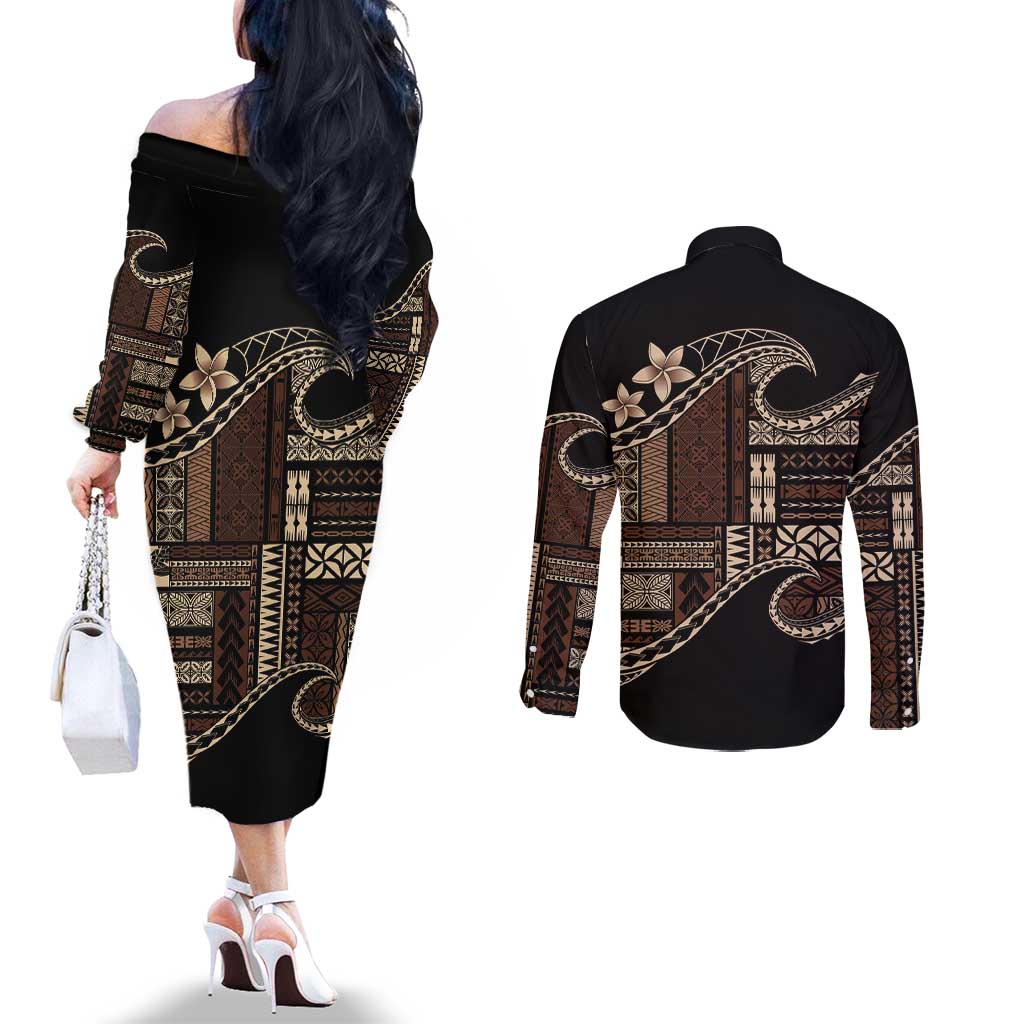 Samoa Siapo Mamanu Couples Matching Off The Shoulder Long Sleeve Dress and Long Sleeve Button Shirt Waves Motifs LT7 - Polynesian Pride
