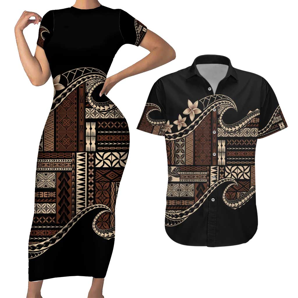 Samoa Siapo Mamanu Couples Matching Short Sleeve Bodycon Dress and Hawaiian Shirt Waves Motifs LT7 Black - Polynesian Pride
