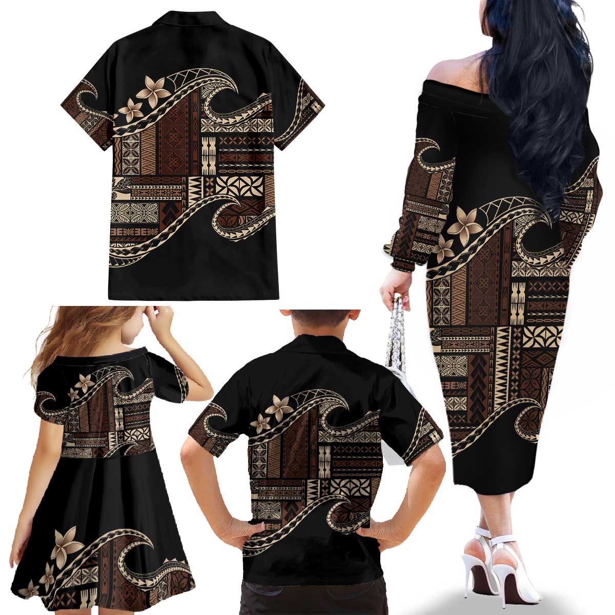 Samoa Siapo Mamanu Family Matching Off The Shoulder Long Sleeve Dress and Hawaiian Shirt Waves Motifs