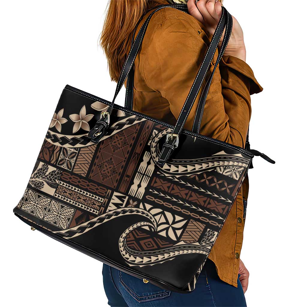 Samoa Siapo Mamanu Leather Tote Bag Waves Motifs